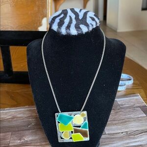 Geometric Silver Necklace with Multicolor Accents